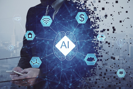 AI (Artificial Intelligence) concept. deep learning. Double exposure hands using mobile phone...
