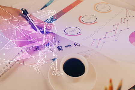 Creative start up concept hologram double exposure with human hand background.の写真素材