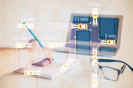 Close up of human hands background and autonomous self drive pilot vehicle concept. Multi exposure.の写真素材