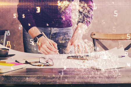 Close up of human hands and abstract innovative technologies for industries. Double exposure.の写真素材