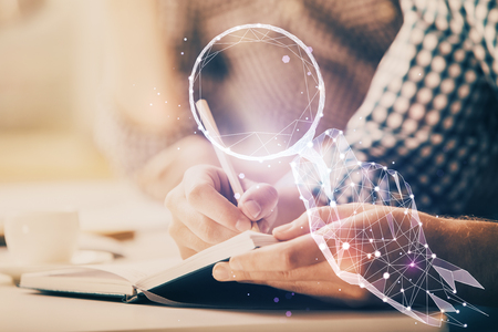 Creative start up concept hologram double exposure with human hand background.の写真素材