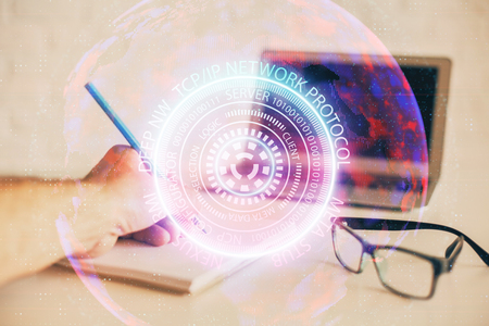 Close up of human hands and abstract innovative technologies for industries. Double exposure.の写真素材