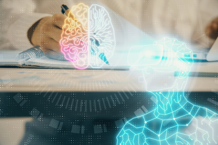 AR hologram over hands taking notes background. Concept of augmented reality. Double exposureの写真素材