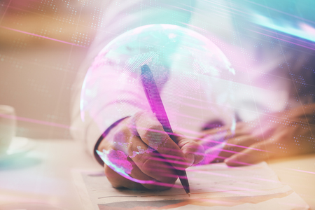 Close up of human hands and abstract innovative technologies for industries. Double exposure.の写真素材