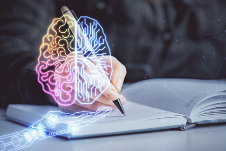 Multi exposure of womans writing hand on background with brain hologram. Concept of brainstorming.