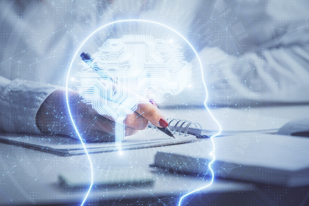 Double exposure of womans writing hand on background with brain hologram. Concept of brainstorming.の写真素材