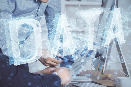 Multi exposure of tech drawings with man working on computer background. Concept of innovation.の写真素材