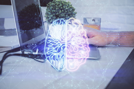 Man with computer background with brain theme hologram. Concept of brainstorm. Double exposure.の写真素材
