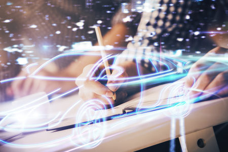 Close up of human hands background and autonomous self drive pilot vehicle concept. Multi exposure.の写真素材