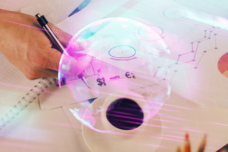 Close up of human hands and abstract innovative technologies for industries. Double exposure.の写真素材