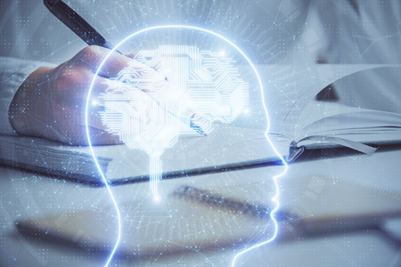 Double exposure of womans writing hand on background with brain hologram. Concept of brainstorming.の写真素材