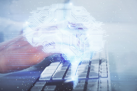 Man with computer background with brain theme hologram. Concept of brainstorm. Double exposure.