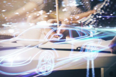 Close up of human hands background and autonomous self drive pilot vehicle concept. Multi exposure.の写真素材