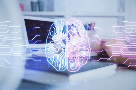 Multi exposure of writing hand on background with brain hologram. Concept of learning.の写真素材