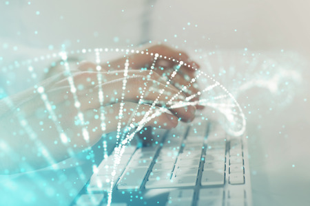 DNA hologram with businessman working on computer on background. Concept of bioengineering. Double...