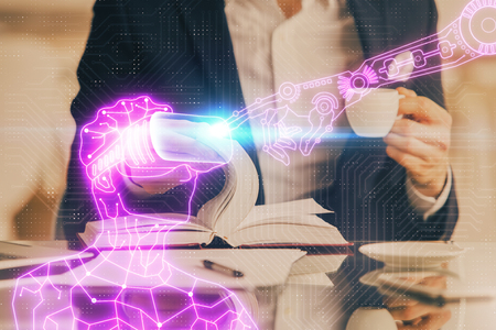 Abstract man wearing augmented reality headsets computer work with writing human background. AR concept. Double exposure.の写真素材