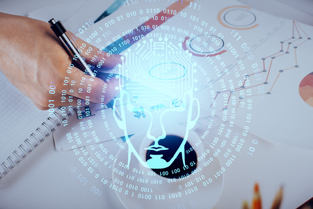 Man's hands with atificial intelligence double exposure icon. Concept of computer learning.の写真素材