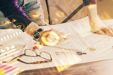 Close up of human hands and abstract innovative technologies for industries. Double exposure.の写真素材