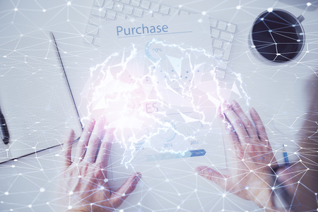 Haman brain double exposure icon with man handsの写真素材