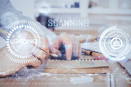 Human's hands with technology theme double exposure icons. Concept of big data.の写真素材