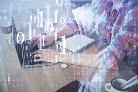 Businessman with computer  with technology theme hologram. Concept of big data. Double exposure.の写真素材