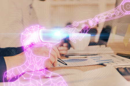 Abstract man wearing augmented reality headsets computer work with writing human background. AR...