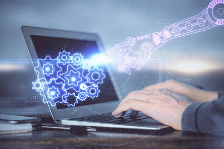 A man working on Laptop with technology theme drawing. Concept of big data. Double exposure.