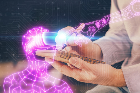 Abstract man wearing augmented reality headsets computer work with writing human background. AR concept. Double exposure.の写真素材