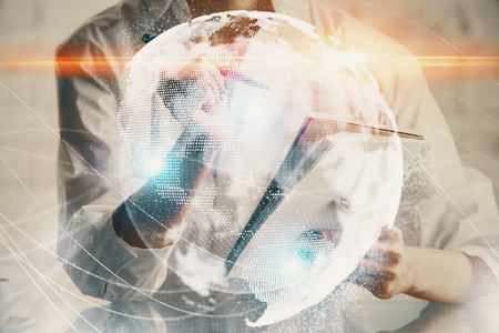 International business hud over womans hands writing background. Concept of hard work. Double exposureの写真素材