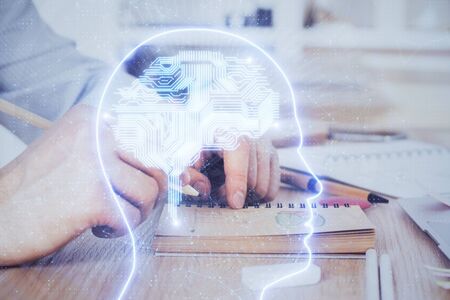 Brain multi exposure icon with man hands background.の写真素材