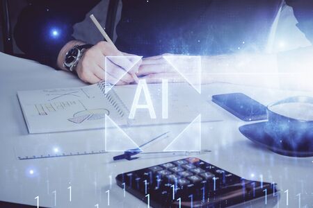 Writing Man hands with data theme multi exposure icons.の写真素材