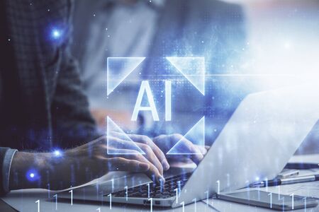 Businessman with computer background with technology theme hologram. Concept of big data. Double...