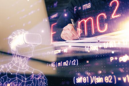 Student or teacher with mathematical and scientific formulas. Concepts of education.
