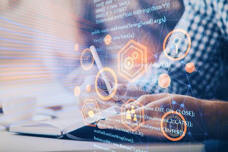 Writing man's hands background with technology icons. Double exposure. Concept of big data.
