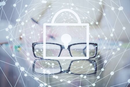 Multi exposure of woman's hands making notes with lock icon. Concept of security and protection of...