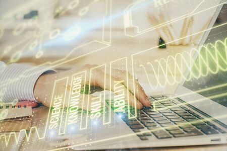Science hologram with man working on computer on background. Concept of study. Double exposure.