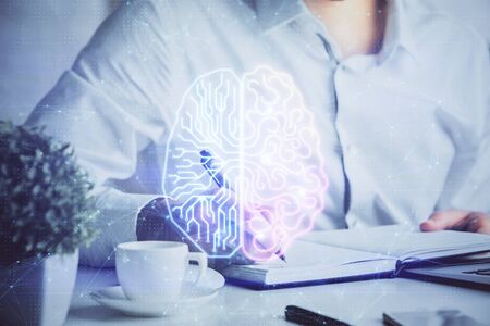 Brain multi exposure icon with man hands background.