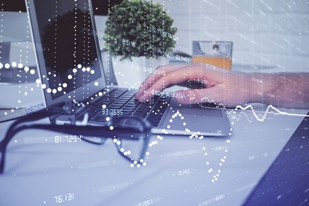Multi exposure of tech drawings with man working on computer background. Concept of innovation.の写真素材