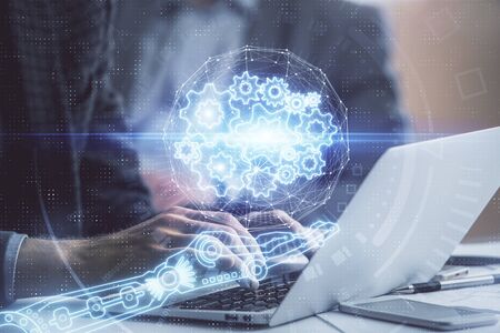 Businessman with computer background with technology theme hologram. Concept of big data. Double...