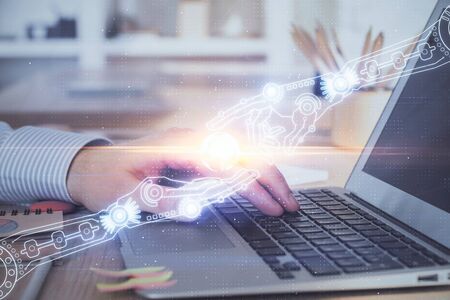 Businessman working on Laptop with technology theme drawing. Concept of big data. Double exposure.