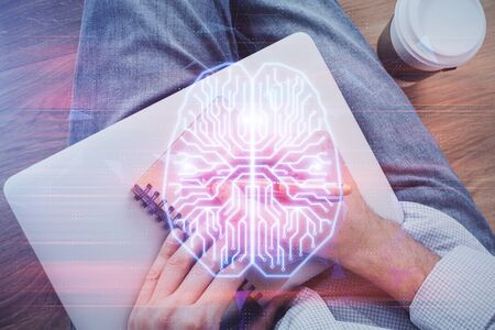 Haman brain multi exposure icon with man hands background.
