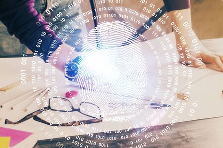 Fingerprint scan provides safe access with biometrics identification, concept of the future of security and password control through advanced technology. Double exposure.の写真素材