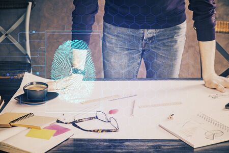 Fingerprint scan provides safe access with biometrics identification, concept of the future of security and password control through advanced technology. Double exposure.の写真素材