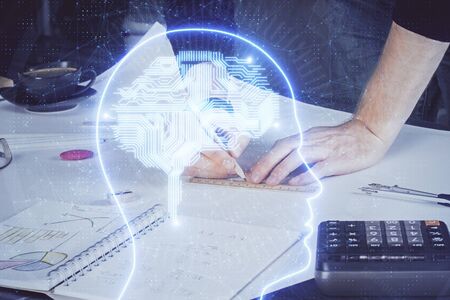 Haman brain double exposure icon with man hands background.