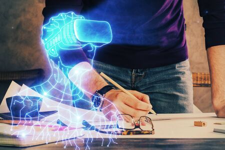 Abstract man wearing augmented reality headsets computer work with writing human background. AR...