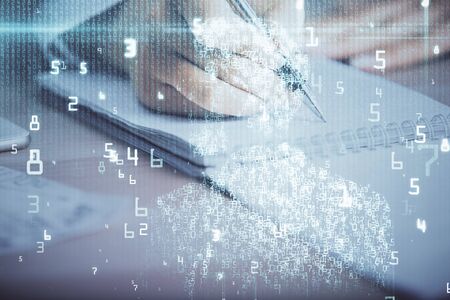 Double exposure of womans writing hand on background with data technology hud. Big data concept.
