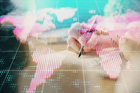 International business hud over womans hands writing background. Concept of hard work. Double...