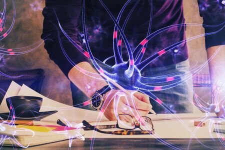 Interconnected neuron cells with glowing link knots in electrical pulses with man working...