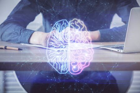 Brain multi exposure icon with man hands background.