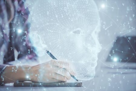 Multi exposure of woman's writing hand on background with brain hud. Concept of learning.の写真素材